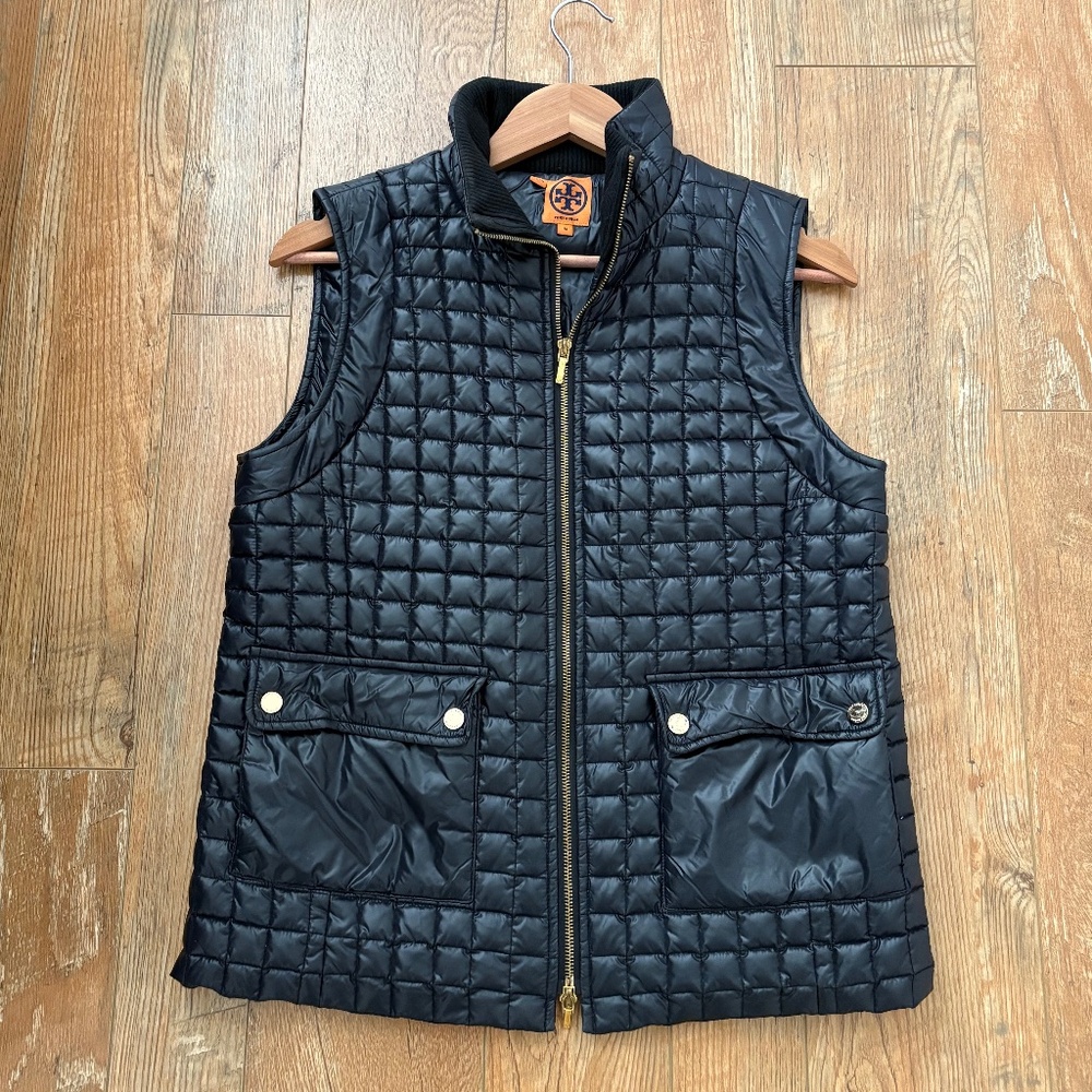 Tory Birch Padded Tricia Vest - Black/very Dark Midnight Blue Size M